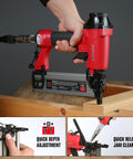 Two In One Pneumatic Brad Nailer And Crown Stapler Kit with 1600 staples and nails, 18 gauge nailer in action on woodwork project.