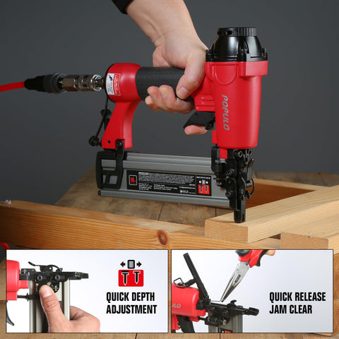 Two In One Pneumatic Brad Nailer And Crown Stapler Kit with 1600 staples and nails, 18 gauge nailer in action on woodwork project.