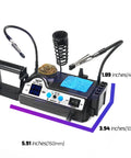 Pro Grade 110W Soldering Station Kit With 3 Preset Channels And Sleep Mode, dimensions marked, includes holder, cleaner, accessories