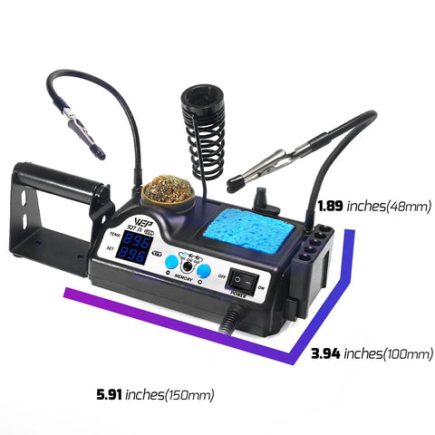 Pro Grade 110W Soldering Station Kit With 3 Preset Channels And Sleep Mode, dimensions marked, includes holder, cleaner, accessories