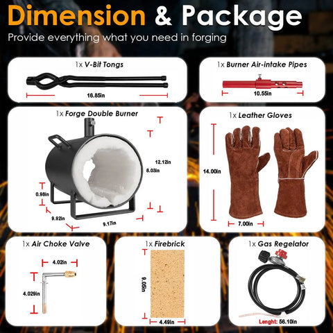 Portable Gas Forge For Blacksmiths With Single Burner Open Oval Hearth For Knife And Tool Making DIY Friendly Farrier Forge Tools Large Capacity With 16.85 Inch V Bit Tongs And Welding Gloves package contents and dimensions