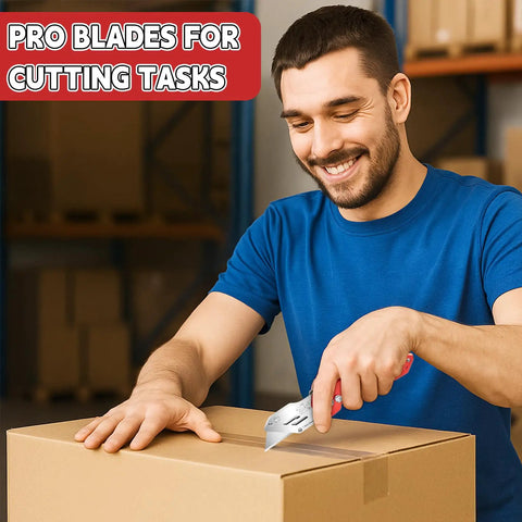 Man using Beefy Heavy Duty Utility Knife Blades 100 Pack SK5 Steel Box Cutter Refills With Storage Case For Drywall Tough Razor Sharp Edges
