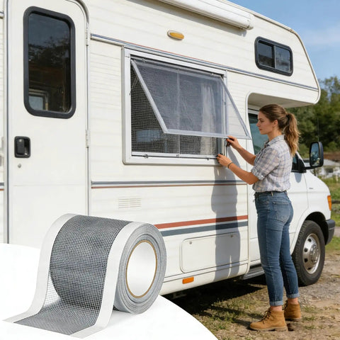 Easy Patch Screen Repair Tape Self Adhesive Mesh Patch For Tiny Holes shown installed on RV window screen