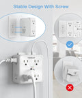 Heavy Duty 8 Outlet Surge Protector Power Strip with reliable build mounted on wall with screw, featuring multiple AC plugs and USB ports.