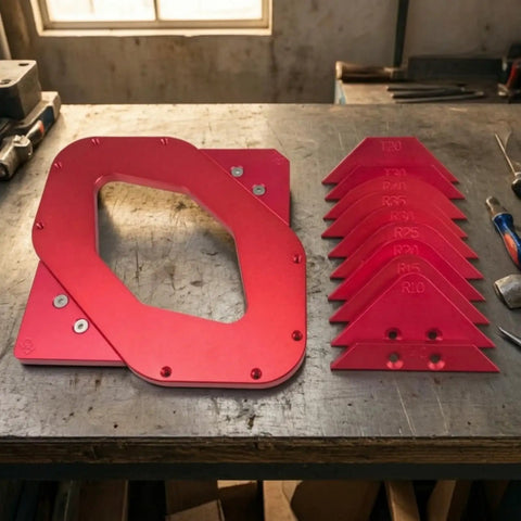 Professional Grade Built Tough Router Corner Template Jig With Interchangeable Curvature Plates and Red Anodized Aluminum Frame displayed on a workbench.