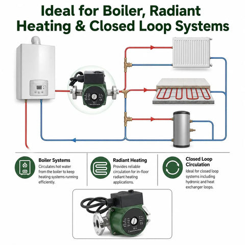 Badgeass Heavy Duty Hot Water Circulator Pump Compatible With 008 Sf6 Models For Hydronic Heating Systems visible in boiler and radiant heating setup.
