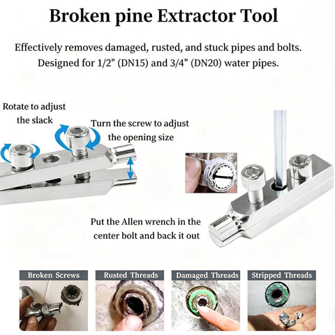 Image showing Broken Pine Extractor Tool with instructions for removing damaged, rusted, and stuck pipes designed for 1/2 and 3/4 inch.