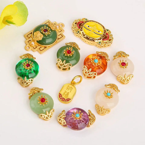 Top Shelf Sand Gold Inlay Stone DIY Jewelry Beads Featuring Braided Rope Accents And Durable Baking Lacquer Coating For Fly Bracelets Necklaces And Badass Pendant Spacers Pack Of 10 assorted colorful beads with gold accents.