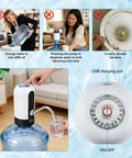 5 Gallon Water Dispenser Pump With USB Charging installed on a water jug, showing USB port and on/off button, BPA free, white.