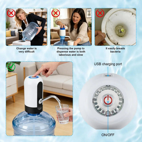 5 Gallon Water Dispenser Pump With USB Charging installed on a water jug, showing USB port and on/off button, BPA free, white.