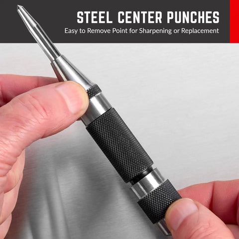 Pro Grade Automatic Center Punch With Hardened Steel Body And Knurled Grip Adjustable Tension Stroke held in hand