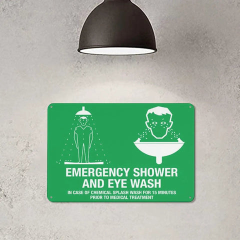 Emergency Shower And Eye Wash Outdoor Safety Sign For Chemical Hazards 8x12 wall plaque in green with white illustrations