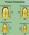 SAE 45 Degree Flare Plug Kit, 4 Pack, One Fourth Inch, Five Sixteenths Inch, Three Eighths Inch, One Half Inch Solid Brass Tube Fittings Caps dimensions.