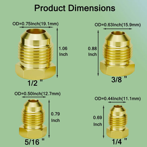 SAE 45 Degree Flare Plug Kit, 4 Pack, One Fourth Inch, Five Sixteenths Inch, Three Eighths Inch, One Half Inch Solid Brass Tube Fittings Caps dimensions.