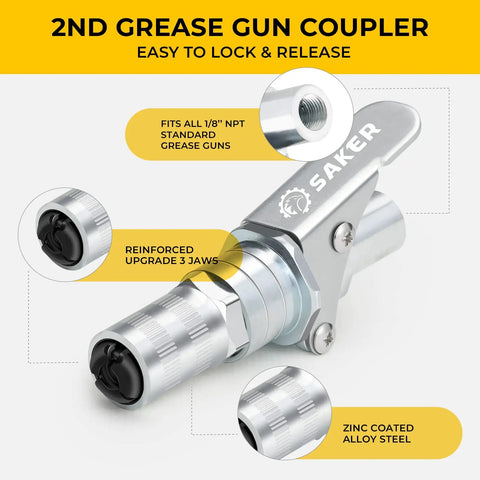 Heavy Duty Quick Release Grease Gun Coupler Set Upgraded To 14000 PSI, Locking Jaw, Leak Proof, Fits All Grease Guns With One Eighth NPT Fittings, 2 Pack