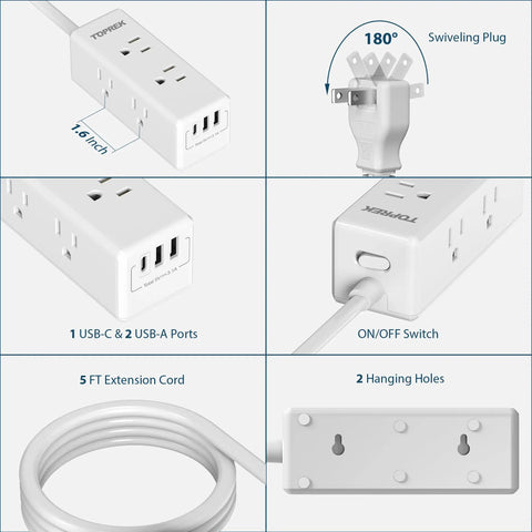 Dope Surge Protector Power Strip With 5 Outlets And 4 USB Ports Including USB C Quick Charge 3A, 6.5 Ft Extension Cord details