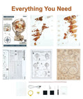 LED Illuminated 3D Wooden Globe Puzzle Kit parts layout and instructions for adults and teens, buildable model and decor