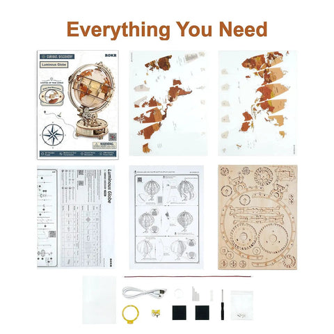 LED Illuminated 3D Wooden Globe Puzzle Kit parts layout and instructions for adults and teens, buildable model and decor