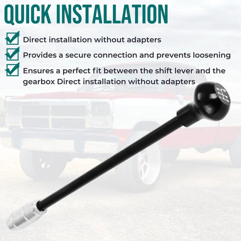 Dodge NV4500 Shifter Stick With Straight Handle And 14mm Knob Adapter for Ram Trucks in front of red truck