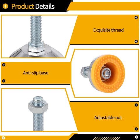 Beefy 4 Pack Adjustable Leveling Feet With Base M12 Thread Chrome Plated Carbon Steel 1300 Lbs Per Foot Capacity For Workbenches Machines And Cabinets Anti Slip Base For Uneven Surfaces - close-up of anti-slip base, thread, and nut details