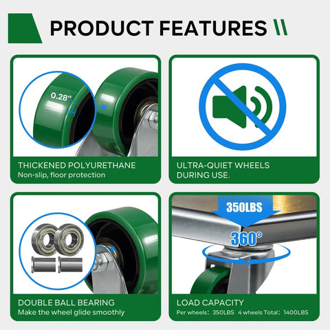 Built Tough 3 Inch Polyurethane Heavy Duty Casters Roll Smooth Swivel Wheels Hold 700 Lbs Zero Scratch Marks On Industrial Floors Made For Utility Carts And Workbenches Set Of Two, featuring thickened polyurethane and double ball bearing.