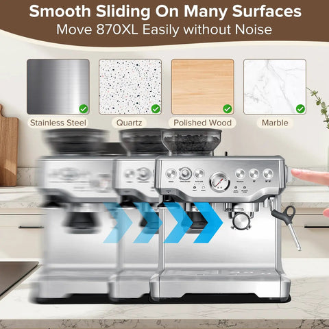 Dual Sided Sliding Mat With Anti Slip Top And Smooth Bottom For 870XL Espresso Machine showing movement on countertop