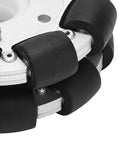 Close-up of 100mm Double Aluminum Omni Wheel for Robots, showing 18 rubber rollers and smooth 360-degree movement components.