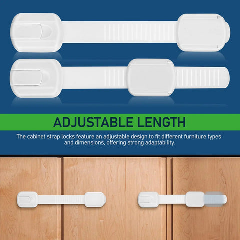 Adjustable length feature of 12 Pcs White ABS Cabinet Locks For Kidproofing Drawers And Appliances With Easy Install