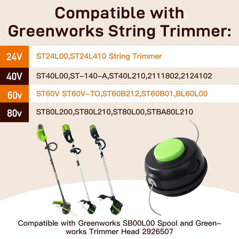 Compatible Greenworks trimmer models chart with 24V, 40V, 60V, 80V options and Spool Replacement Bump Trimmer Head image