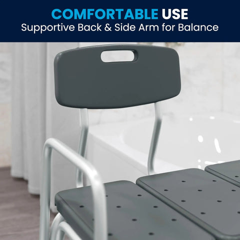 Adjustable Bath And Shower Transfer Bench With Back And Side Arm Rests, 300 Lb Capacity, gray safety seat close-up