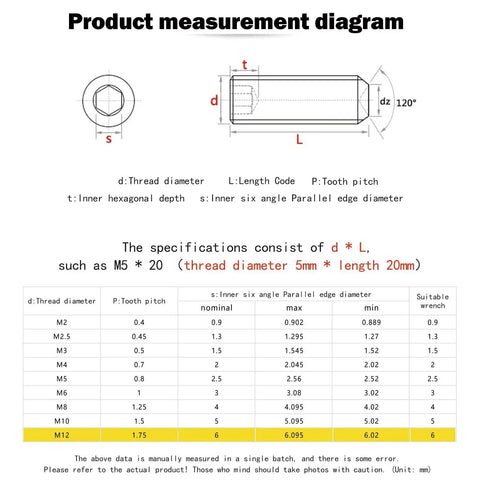 Product measurement diagram for Built Tough M12 12mm Grub Screws Cup Point Set Bolt specifications and dimensions, showing sizes and thread details.