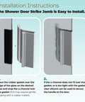 Installation instructions for shower door strike jamb with text and images showing rubber gasket and u-channel placement.