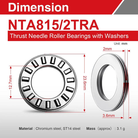 Heavy Duty Thrust Needle Roller Bearings With Washers, Two Sets, One Half Inch Bore, Fifteen Sixteenth Inch Outer Diameter diagram