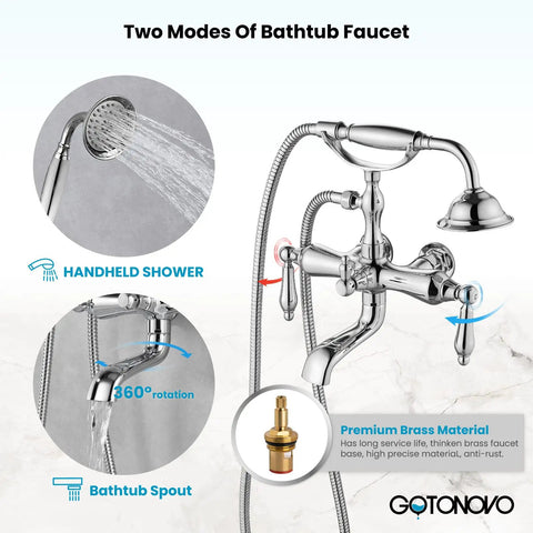 Vintage Style Dope Bathtub Filler Wall Mount Clawfoot Faucet With Handheld Shower Kit Dual Function Two Handle Design Solid Brass Polished Chrome Finish Easy Install Bath Upgrade
