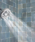 Quattro Rain Showerhead With Four Modes Relieve Soothe Clarify Cleanse For Spa Like Shower Experience While Saving Water Up To Fifty Percent Chrome Finish in use