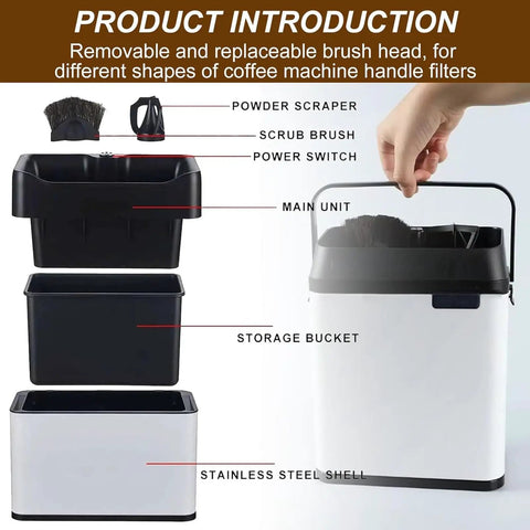 Electric Portafilter Cleaner Automatic Knock Box For Espresso Machines with powder scraper and scrub brush, stainless steel shell.
