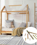 30 Pack M6x45 Hanger Bolts Double Headed Self-Tapping Wood Dowel Screws Carbon Steel Zinc Finish shown in white circle over bedroom scene