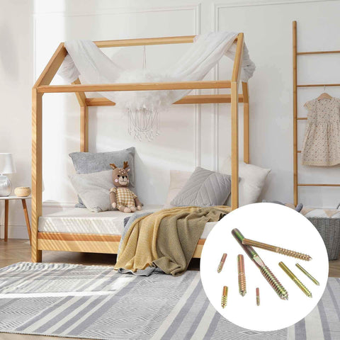 30 Pack M6x45 Hanger Bolts Double Headed Self-Tapping Wood Dowel Screws Carbon Steel Zinc Finish shown in white circle over bedroom scene