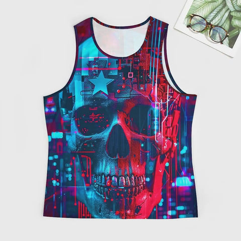 Mens Dope American Flag Skull Print Graphic Tank Top Quick Dry Sleeveless Muscle Shirt For Heavy Gym Sessions And Patriotic Swagger Big And Tall Classic Cut featuring bold skull graphic.
