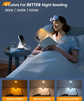 Willow LED Reading Light for Bedtime on nightstand, 10 LED lamp in use with 3 color temperatures by a woman reading in bed.