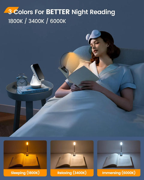 Willow LED Reading Light for Bedtime on nightstand, 10 LED lamp in use with 3 color temperatures by a woman reading in bed.