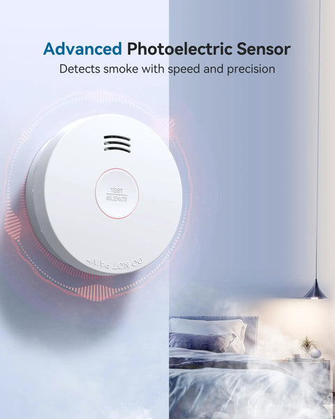 Must Have 10 Year Battery Smoke Alarm With Photoelectric Sensor For Home And Bedroom UL217 Listed Fire Safety Alarm With Low Battery And Fault Warning GS525A 6 Pack on bedroom wall