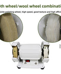 Close-up of Heavy Duty Dual Wheel Bench Polisher With 120 Watt Copper Motor Cranking Out 3000 Rpm showing cloth and wool wheels.