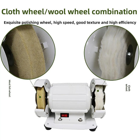 Close-up of Heavy Duty Dual Wheel Bench Polisher With 120 Watt Copper Motor Cranking Out 3000 Rpm showing cloth and wool wheels.