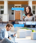 Woman using phone outside a home with Smart Door Lock and man sending a passcode for secure home entry via Bluetooth app control.