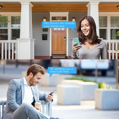Woman using phone outside a home with Smart Door Lock and man sending a passcode for secure home entry via Bluetooth app control.