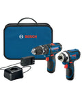 12-Volt Max Cordless Drill And Impact Driver Combo Kit CLPK241-120 with charger and carrying case, front view