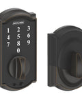 Aged Bronze Steel Touch Screen Deadbolt Keyless Entry Lock, Refurbished and Tested Like New, Backlit Keypad, Front and Back View