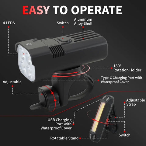 Ultra Bright 2000 Lumens Bike Light Set With Front Headlight And Rear Taillight, USB C Rechargeable, 3000mAh Battery, 6 Front Modes And 5 Rear Modes, Waterproof IP65, Aluminum Body For Night Riding, Commuting, And Safe Streets