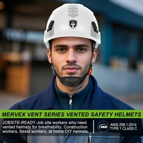 Man wearing All Day Comfort Ventilated ABS Construction Hard Hat ANSI Z89.1 Safety Helmet with six-point suspension